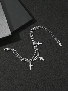 1 pezzo Collana con catena di perline in acciaio inossidabile con croce e pentagramma, mini-maschile e versatile doppio strato per uomo