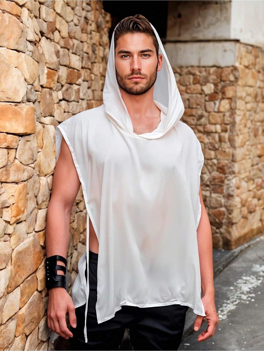 Playera de Corte Holgado Sin Mangas con Gorro y Aberturas Laterales para Hombre - Blanco - Ver 1