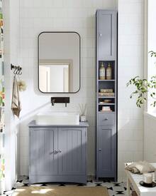 Colonne Salle de Bain Haute, Meuble Salle de Bain Etroit, avec Étagères Réglables, Tiroir, Compartiments Ouverts, pour Les Petits Espaces, Moderne, Gris Tourterelle - Gris - Voir 1