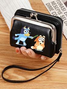 Bluey Bluey Portable Lanyard Faux Leather Multifunctional Short Wallet Cute Bluey Retro Color Print Purse Three Colors Available With Zipper For Valentine's Day Card Holder
