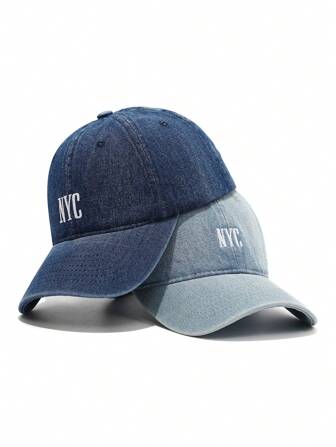Back To School Season 1pc Men's 3D Letter NYC Embroidered Denim Baseball Cap, Wide Brim Sun Protection Casual Hip Hop Street Style Unisex Snapback Hat, Soft Crown Adjustable Fit, Suitable For Spring And Summer