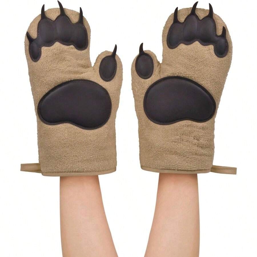 BEAR HANDS Oven Mitts Quality Cotton With Heat Resistant Silicone Fun And Function Kitchen Gadgets Funny White Elephant Gift Great Gift For Home Cooks Bakers And Animal Lovers - 棕色 - 查看 1