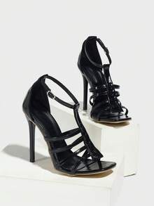 Sandales à talons hauts stilettos pour femmes, talons hauts noirs à la mode et sexy avec fines brides décoratives et bout carré, parfaits pour les soirées - Noir - Voir 6