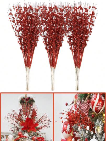 10 pezzi - Ornamenti per steli di bacche artificiali con glitter, bastoncini decorativi con perline, rametti luccicanti, decorazioni per albero di Natale, vasi piccoli, matrimoni, feste. Ornamenti per steli di bacche artificiali con glitter, lunghezza 40 cm, decorazioni natalizie luccicanti, bastoncini con perline, rami per decorazione albero di Natale, fai da te, ghirlande, decorazioni per la casa (rosso)