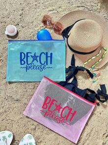 A4尺寸时尚防水PVC沙滩包，印有“Please Beach”字样，配有透明化妆袋和尼龙拉链，是游泳、潜水和夏季度假的理想之选——轻便易携，适合所有年龄段，是沙滩包配件、旅行必备、度假必备、假日旅行包、书包、返校用品、洗漱包和防水洗漱包的理想之选。 - 彩色 - 查看 5