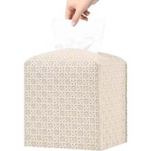 Caja de pañuelos cuadrada de cuero PU, diseño de ratán, cajón de gran capacidad, suministros, cubierta de caja de pañuelos plegable para el hogar, la oficina y el coche - Negro - Ver 1