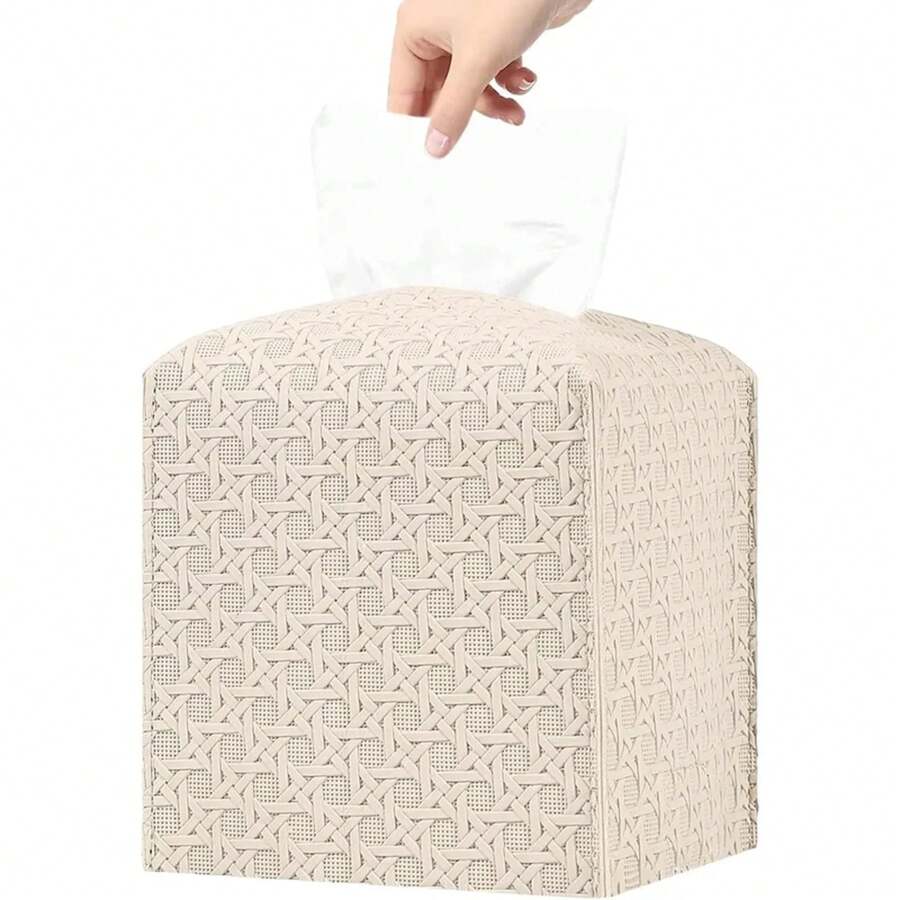 Caja de pañuelos cuadrada de cuero PU, diseño de ratán, cajón de gran capacidad, suministros, cubierta de caja de pañuelos plegable para el hogar, la oficina y el coche - Negro - Ver 1