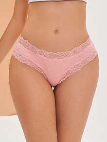 FINETOO 1pc Women's Lace Trim Ribbed Romantic Low Waist Brazilian Panty - Pink - View 5