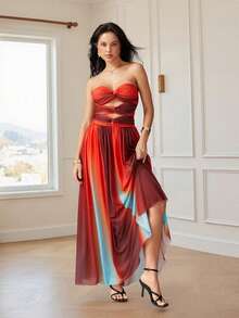Women Tie Dye Tube Maxi Dress Strapless Twist Front Hollow Out Long Pleatde Dress Elegant Mesh Gradirnt Dresses - Fiery Red - Xem 6
