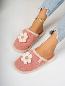 女士时尚圆头仿毛一脚蹬拖鞋，带可爱花朵装饰，舒适居家拖鞋，适合秋冬季，加大码