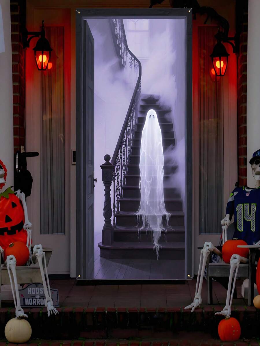 2D 万圣节鬼门横幅、恐怖鬼万圣节门装饰、万圣节门装饰、万圣节派对横幅、用于前门廊、万圣节派对用品、恐怖装饰背景板。