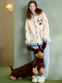 2件套女士法兰绒翻领可爱腊肠犬字母刺绣保暖睡衣套装，纽扣前开襟长袖上衣和裤子，秋冬加厚绒毛睡衣，秋季服装 - 彩色 - 查看 3