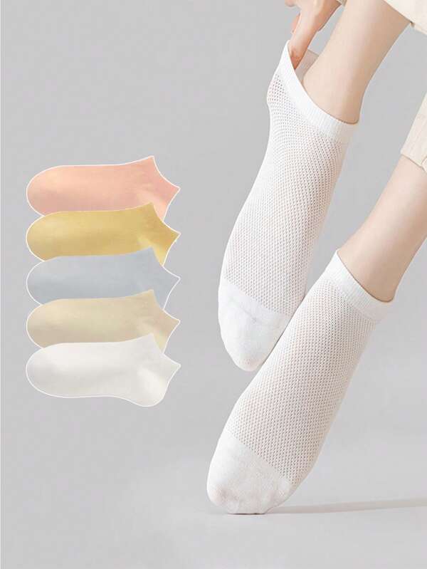 Women's Colorful Mesh Short Socks, Random Color, Simple Solid Color Short Socks, Breathable Casual Socks, Korean/Japanese Style, Spring/Summer