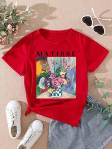 1 Pack Girls Casual Printed Crew Neck Short Sleeve T-Shirt Summer Student Youth Clothing - 紅色 - 查看 1