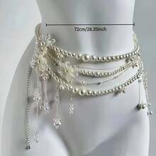 1 Piece Of Fashionable And Elegant Super Fairy Layered Wear Tassel Flowers Pearl Waist Chain For Women With Niche Design Sexy Light Luxury Versatile Waist Decoration Party Banquet Holiday Gift - 花朵款 - 查看 3