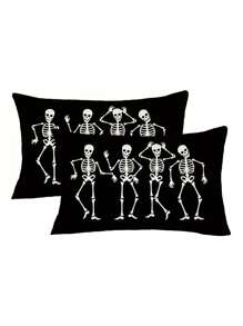 Spooky Halloween Skull Throw Pillow Cover - Zippered, Hand-Washable Polyester Cushion Case For Sofa & Bedroom Decor, 11.8x19.7in Or 17.7x17.7in - Perfect For Home & Party,Fall Decor,Autumn Decor,Room Decor
