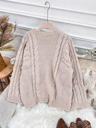 Suéter Oversized de Tricô Grosso com Pescoço Redondo para Mulheres, Top Larga de Tricô Texturizado