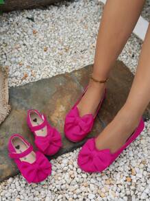 1 Pair Girls' Bow Decor Flat Shoes, Hook And Loop Design, Breathable Chiffon Material, Cute Matching Mother-Daughter Style, Suitable For Outings And Gatherings All Year Round