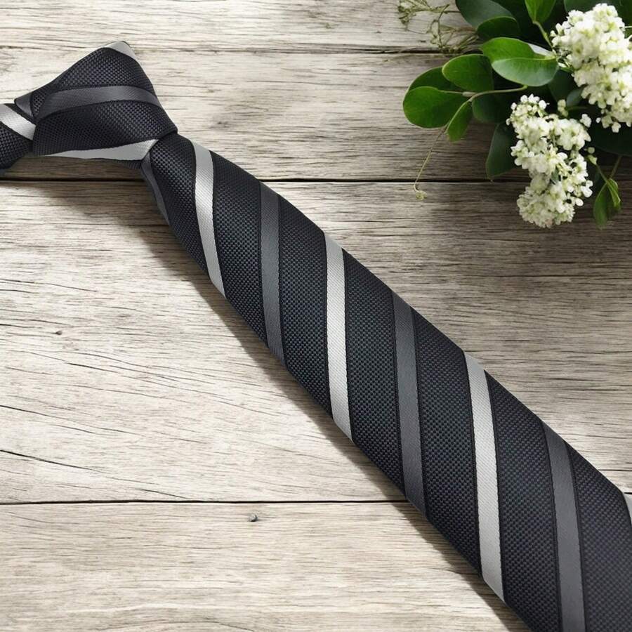 LUYIN G512A-29 Gravata Slim Listrada Sarja Cinza Medio