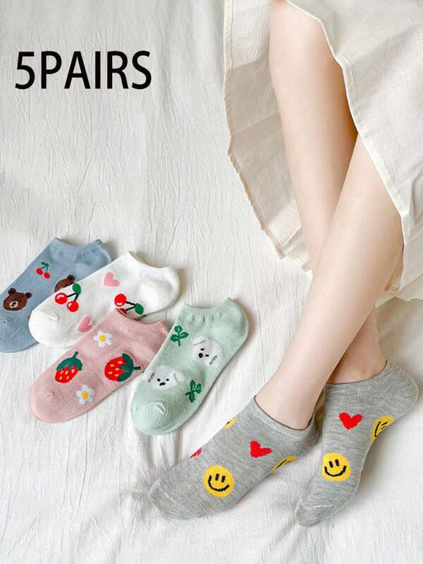 5 Pairs Fresh & Fashionable Casual Thin Ankle Socks For Women, Summer