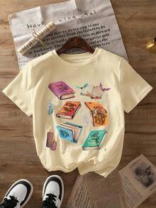 Velaris Fan Pattern T-Shirt, Summer And Spring Short Sleeved Round Neck Casual Top, Women's T-Shirt - 杏色 - 查看 3