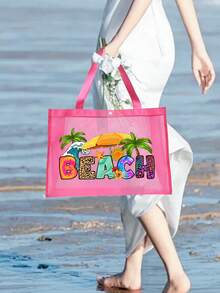 粉色网眼托特包和小包套装，带有海滩风格彩色字母印花设计，便携式化妆包和休闲收纳手提包，透明收纳包，护肤包，洗漱包，女士沙滩手提包，婚礼伴娘礼物，母亲礼物，生日礼物，送给朋友和老师的最佳礼物，浴室收纳盒，返校季和毕业季必备品，适合学生、返校和教师