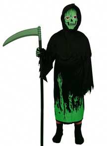 儿童万圣节鬼魂服装：黑暗中发光的骷髅和经典的死神服装 - 2 种款式可供选择！ - 黑色-2 - 查看 5