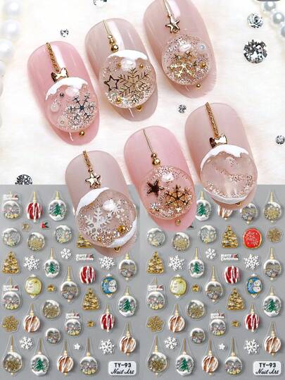 5D Emboss Winter Nail Stickers Christmas Crystal Ball Design Slider Decals Press On Nails DIY Nail Art Supplies And Decorations