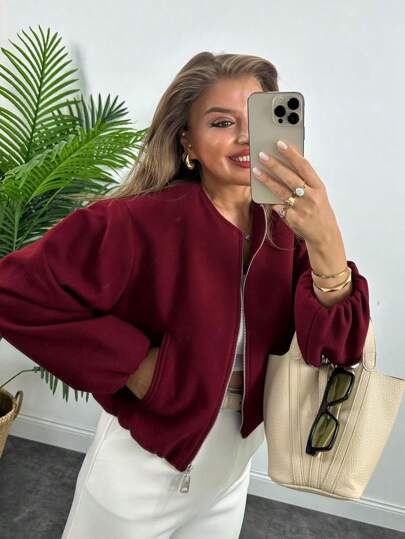 女士柔软短款飞行员夹克，长袖拉链休闲运动外套，秋冬季新款街头风外套