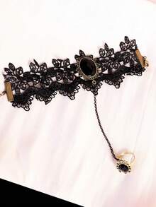 1 pieza Brazalete de dedo con estilo gótico oscuro, estilo europeo y americano retro, encaje y rosa roja para Halloween para mujer - Negro - Ver 2