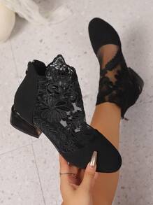 SDEMIN Early Autumn And Winter Daily Wear, Date Travel, Ladies' Temperament, Floral Print Lace Ankle Boots, Back Zipper Square High Heels, Round Toe Boots, And Fashionable Pointed Black Mesh Breathable High Heels - Black - View 3