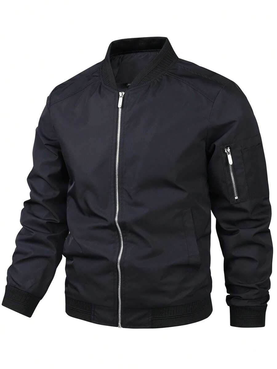 冬季大码男士休闲夹克，春秋季纯色运动夹克，日常穿着，修身，高品质飞行员夹克，男士薄款休闲飞行夹克