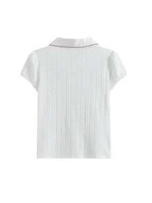 Rikumo Áo thun nữ tay ngắn cổ polo dệt jacquard kiểu dáng thể thao thanh lịch, màu trắng, thích hợp mặc mùa hè. - trắng - Xem 6