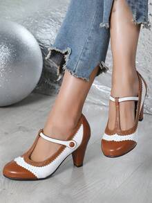 Women's Vintage Mary Jane High Heels, Retro T - Strap Pumps For Party & Daily Wear - Nâu/Trắng - Xem 4