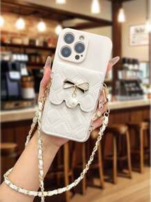 1pc Bow Pearl Crossbody Bag, Solid Color Straight Edge Beige Minimalist Anti-Drop Thick Phone Protective Case With Printed Design Compatible With IPhone 6/6 Pro Max/XR/7/8, IPhone 15 Pro Max/12 Pro Max/13 Pro Max/14 Pro Max, 13/14/11/12P/14, P11 Soft Case, P12 Anti-Drop, XS.XR, Suitable For A13 4G, A22, A21S, A51 4G, A52, S22 Ultra, A33 5G, A23/S23 Ultra, S24, A14, A15, S23, A73S Phones