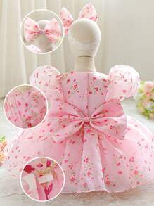 Baby Girls V-Neck Floral Organza Princess Dress, Suitable For 1st Birthday Party, Random Floral Fabric Cut