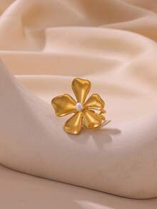 时尚夸张花朵女士戒指，优雅仿珍珠戒指，不锈钢配饰，海螺壳戒指海洋珠宝，复古天然石女士珠宝金色宽口可调节开口戒指派对婚礼旅行厚重珠宝圣诞礼物