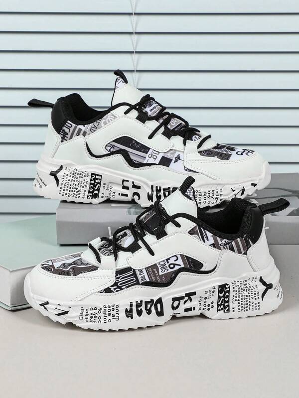 4-Season Comfortable Breathable Asymmetrical Black & White Print Men's Casual Shoes, Suitable For Vacation, Party, Holiday, Gift-Giving, Sports, Chunky Sneakers (For Wide Feet, Please Order One Size Up)