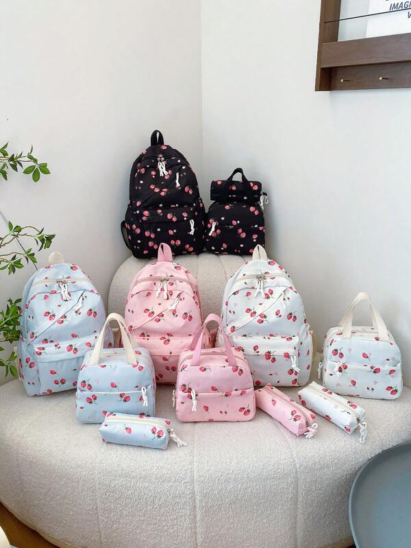 Set de 3 piezas de mochila, bolsa de almuerzo y estuche de lápices con estampado de fresa en estilo preppy de moda, con compartimento para laptop, correas ajustables, múltiples bolsillos y alta capacidad, set de mochila multifuncional para uso diario/vacaciones/vuelta al colegio, ideal para niñas/adolescentes/estudiantes universitarios/graduados
