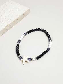 1 件简约波西米亚深色风格黑色玻璃珠、绿松石、海星弹性脚链和手链，适合女士日常佩戴和度假 - 彩色 - 查看 2