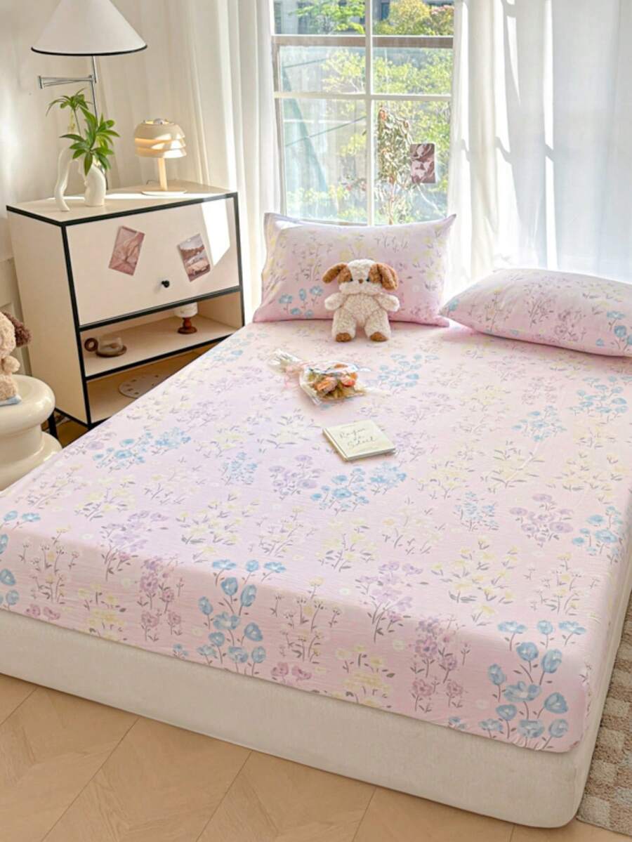 1 件花卉印花床笠、床垫套、柔软舒适的床上用品、亲肤床笠、适合男孩、女孩、宿舍、所有季节防尘防滑床罩，适用于单人床、双人床、大号床、特大号床，可机洗（不含枕套）