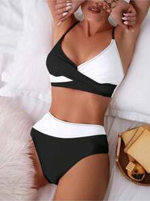 Stylish Two-Tone Crisscross Swimsuit – Tummy Control Bottom For A Flattering And Supportive Fit - Black and White - View 1