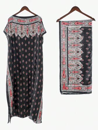 2 pièces Ensemble vintage élégant de foulard et châle en faux soie avec motif géométrique bohème pour femmes. Couvre-plage d'été pour l'extérieur, paréo de maillot de bain, combo foulard et châle