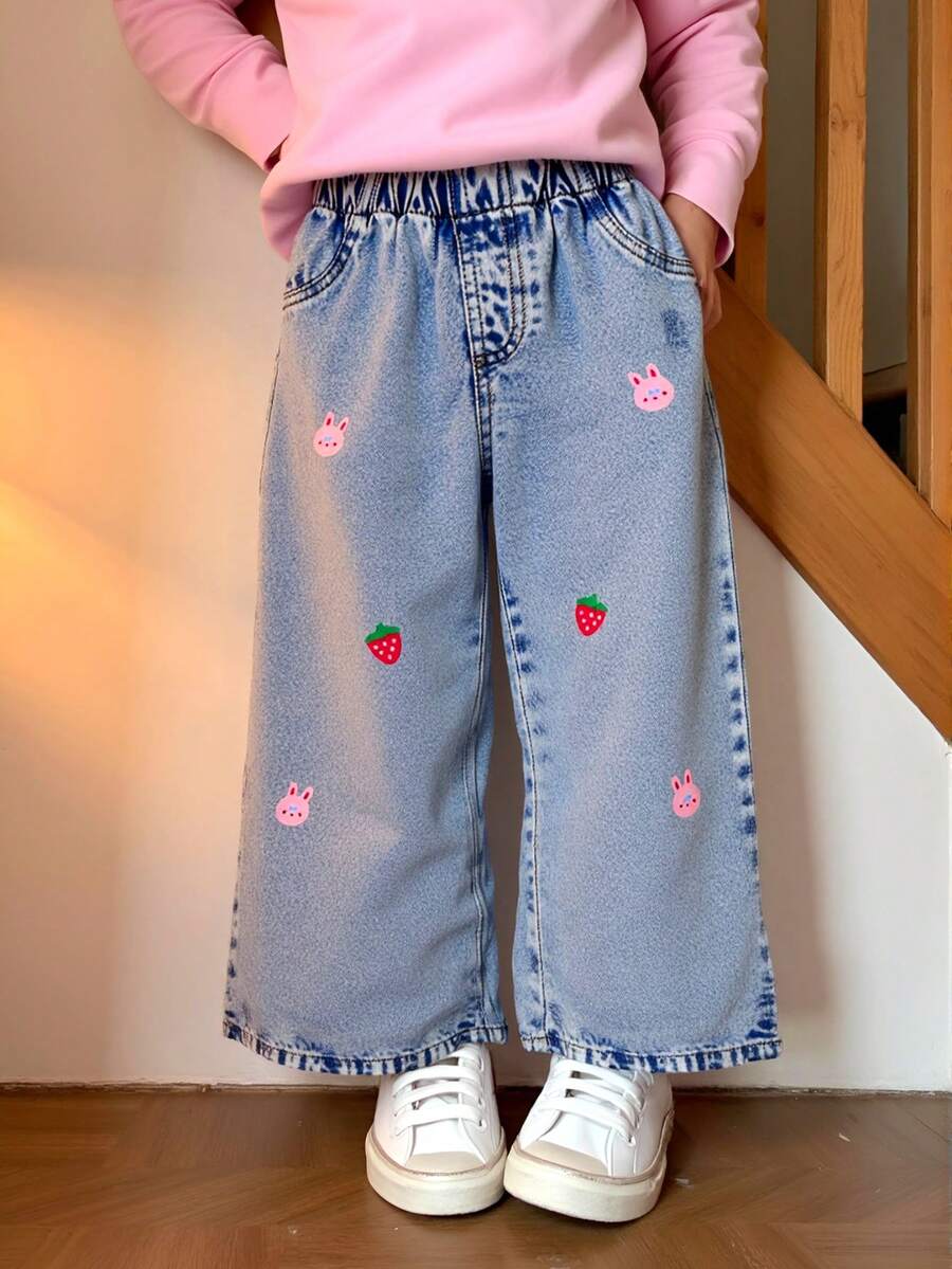 Girls Casual Pink Strawberry & Bear Print Light Blue Straight Leg Jeans - Light Wash - View 1