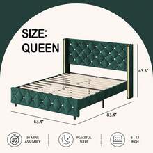 Twin/ Full/ Queen/ King Size Bed Frame, Upholstered Bed Frame With Diamond Headboard And Footboard, No Box Spring Needed With Wood Slat Support, Easy Assembly, Twin Bed Frame/  Full Bed Frame/ King Bed Frame, Black/ Pink/ White/ Purple/ Blue/ Green - 綠色 - 查看 9