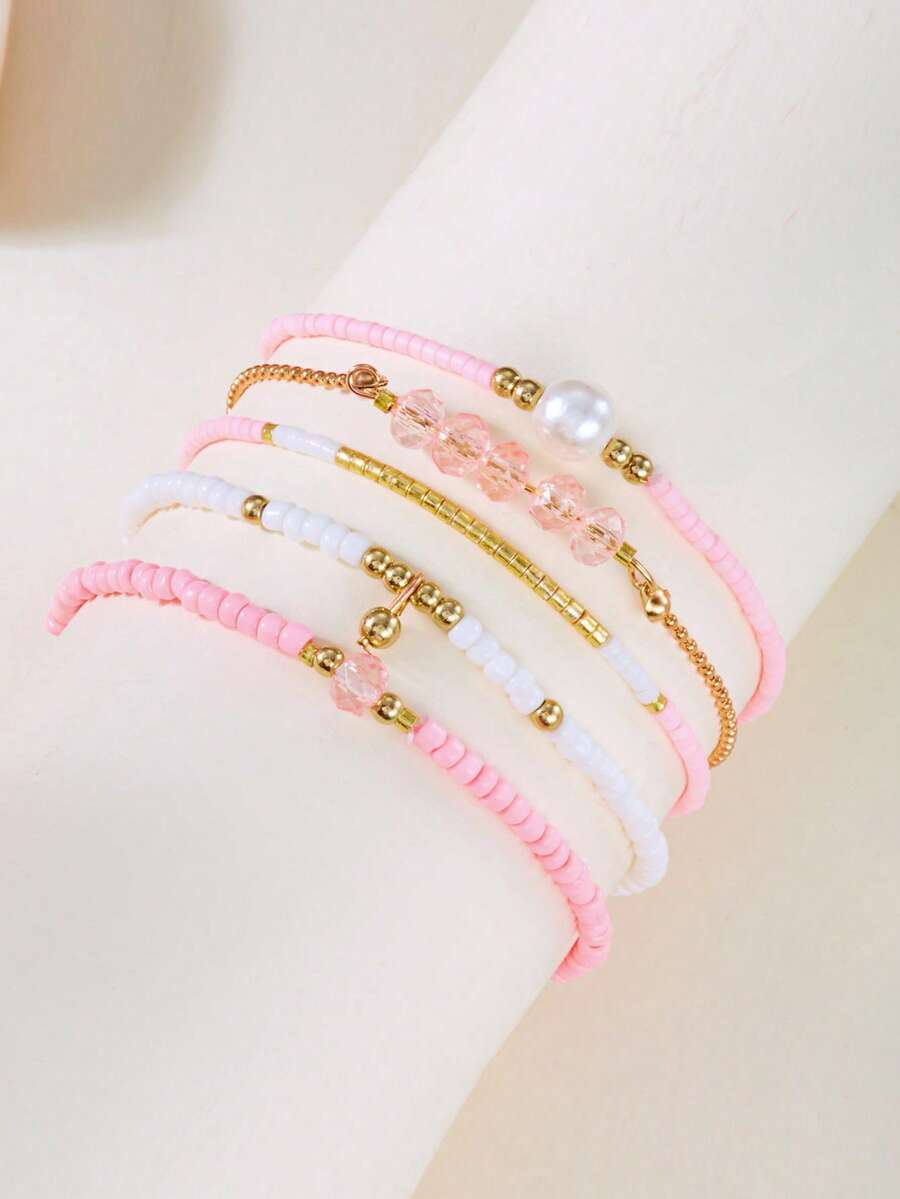 5 件套手工波西米亚风格串珠手链首饰套装，专为女孩设计，多层时尚节日配饰