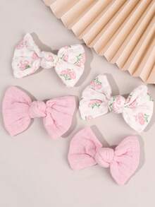 4pcs Girls' Soft Solid Color & Floral Print Hair Bow Clips, Pair Sets Of Bohemian-Style Bows - Charming Free-Spirited Delightful Hair Accessories For Beach Trips, Music Festivals, Parties & Summer Seasons