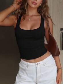 女士休闲纯色修身春夏街头风日常度假性感背心短款上衣 - 黑色 - 查看 5