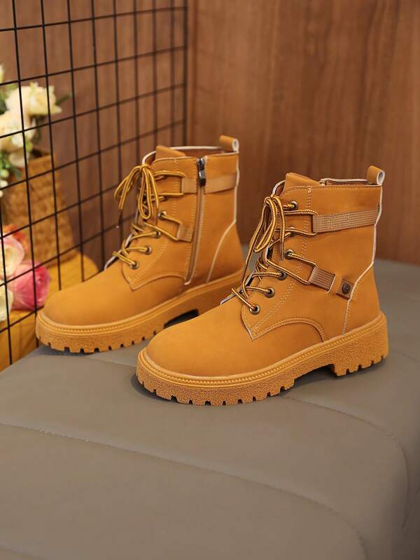1 Pair Yellow Matte Finish Boots For Teens & Kids, Soft Material, Side Zipper, Lace-Up Front, Round Toe, Warm Thick Sole, Wear-Resistant, British Style Classic Short Ankle Boots, Suitable For Male/Female Students, Casual, Holiday, Party, Autumn/Winter