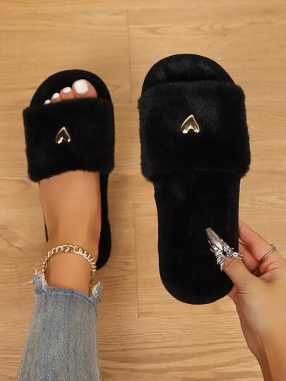 High-End Fashion Heart Decor Plush Slippers For Women, Soft & Comfortable Soft-Sole Lightweight, Suitable For Living Room & Bedroom, All Season